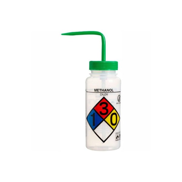 Bel-Art LDPE Wash Bottles 118160011, 500ml, Methanol Label, Green Cap, Wide Mouth, 4/PK 118160011 - main